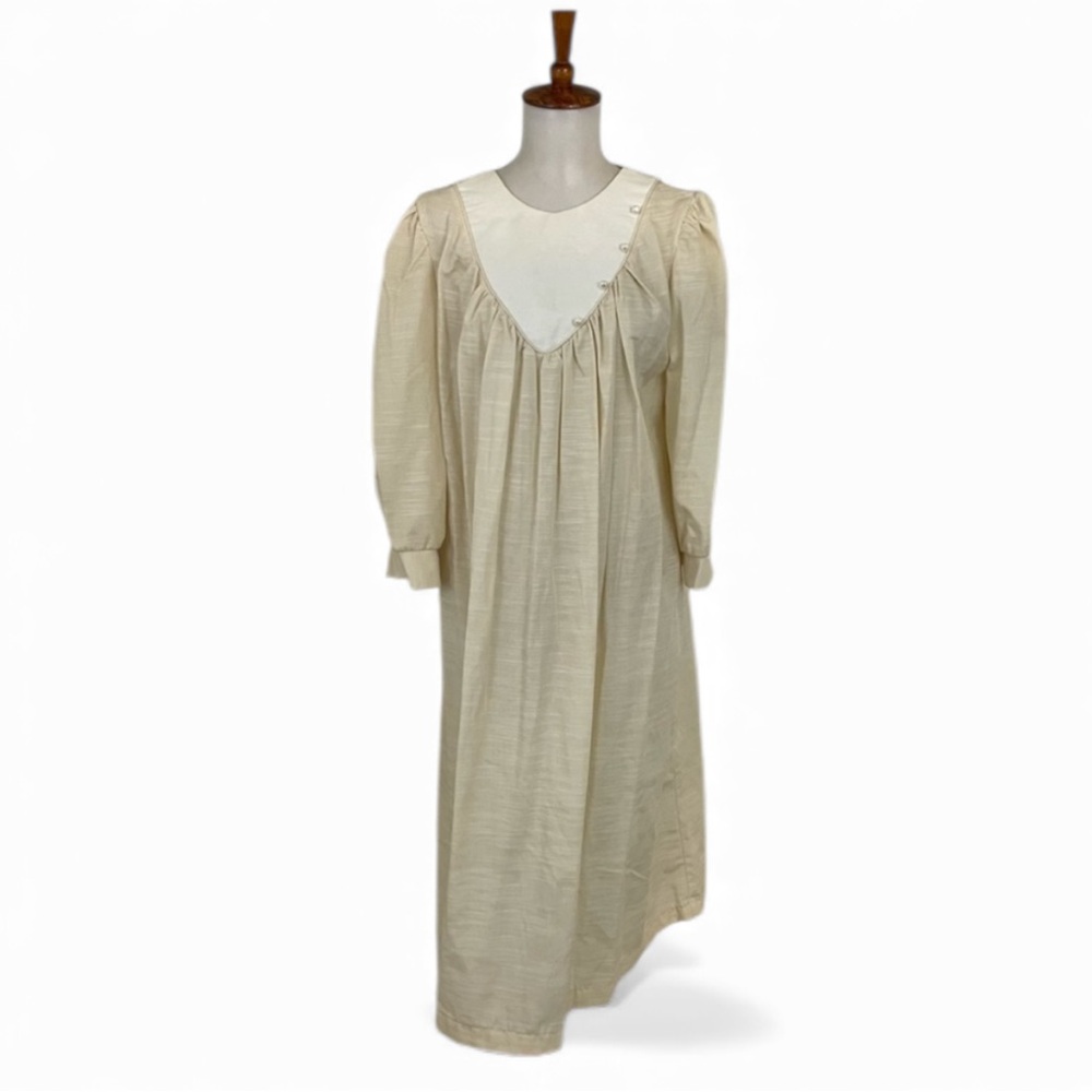 Vintage 70s Shift Dress Women’s 8 Cream White Crew Neck Long‎ Sleeve